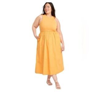 Sleeveless MIDI Dress Women’s Size 2X Sunflower Yellow with Pockets 0289
